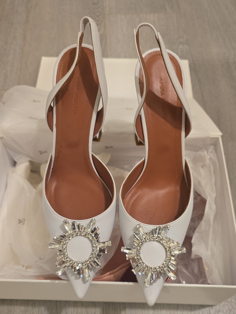 Amina Muaddi White Embellished Pointed Slingback Heels